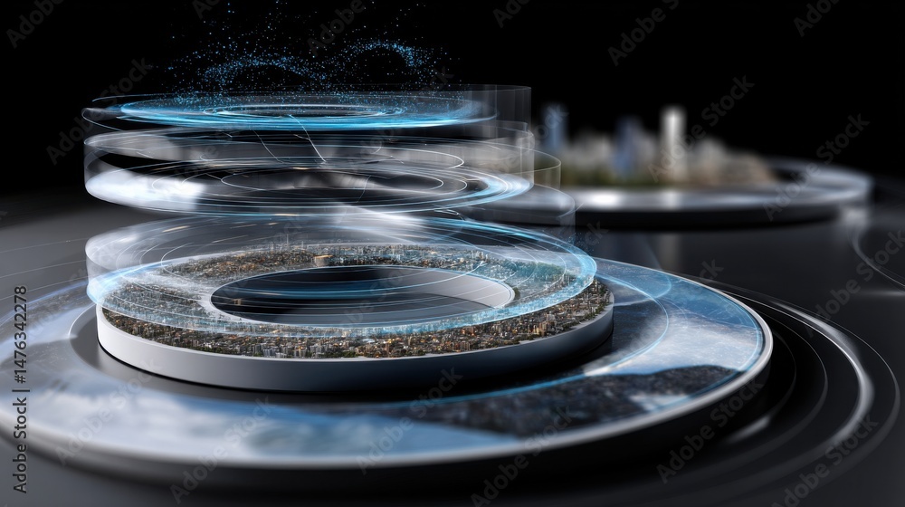 Poster a futuristic cityscape with a large, circular structure in the center