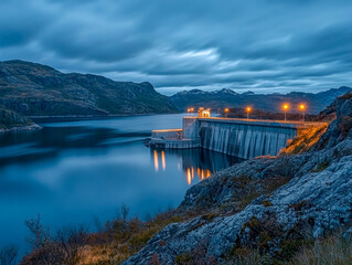 Obraz premium A stunning hydroelectric dam stands majestically at dusk, bathed in warm lights that reflect on the calm waters. Towering mountains surround the structure, enhancing the evening's mystical allure