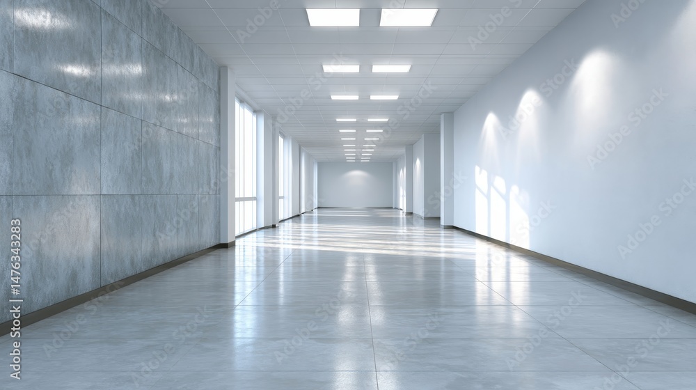 Poster A wide-angle view captures a minimalist hallway with smooth stone walls, illuminated by dramatic light beams creating intriguing shadows throughout