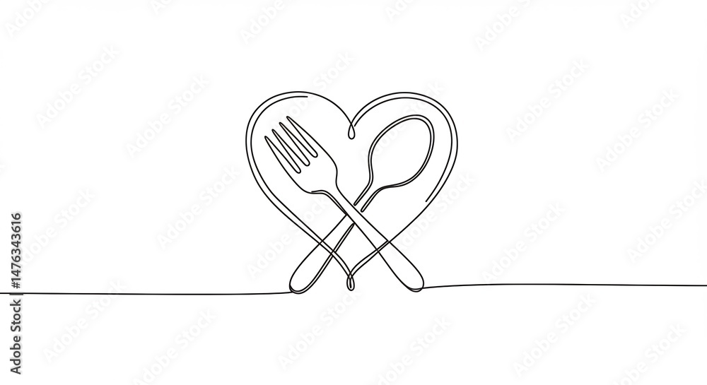 Poster fork and spoon forming heart shape continuous line art