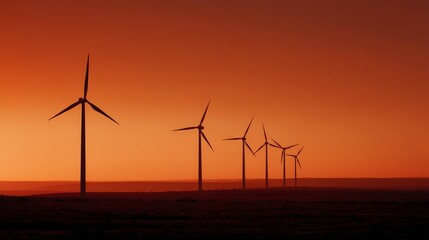 Tall wind turbines stand silhouetted against a breathtaking orange sunset, symbolizing innovative renewable energy solutions in an eco-friendly landscape at dusk