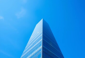 Sleek glass skyscraper ascends against a vibrant blue sky, head office, investment