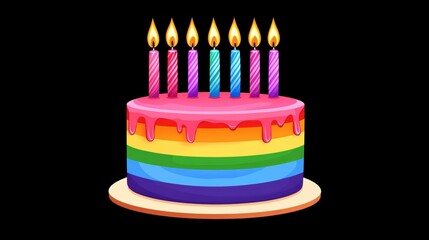 Rainbow layered birthday cake with seven lit candles on a plate against a black background.