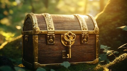 Ornate wooden chest with golden hardware and key