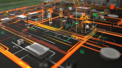 Complex technological cityscape schematic overlay.