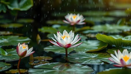 Serene Water Lilies Blooming in Gentle Rain Peaceful Pond Scenery