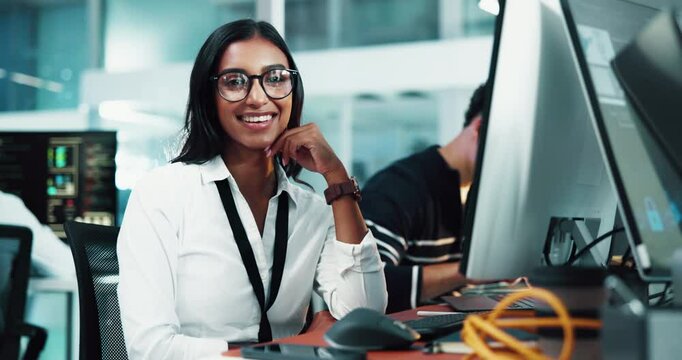 Happy, woman and face of programmer by computer in office for web development project with deadline. Smile, confident and portrait of female coder with pride for IT career by technology in workplace.