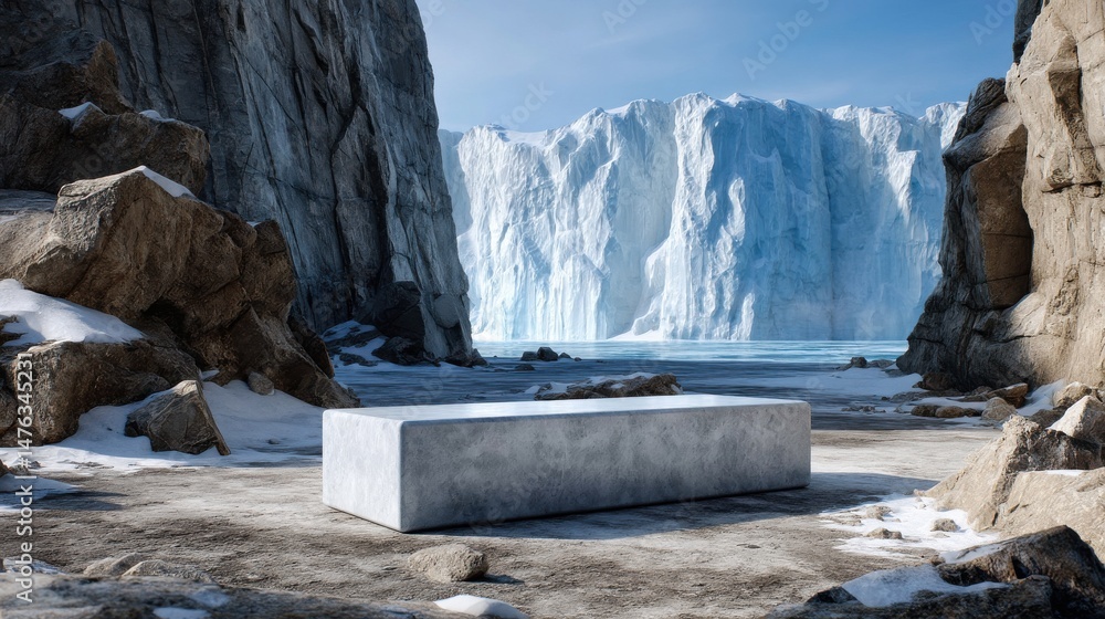 Poster a large block of ice sits on a rocky beach