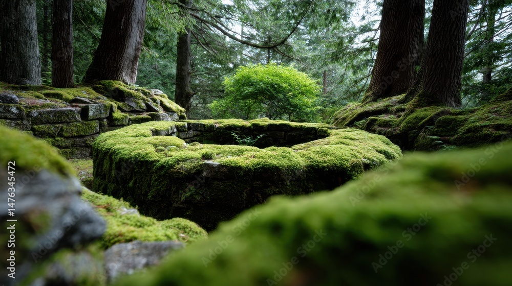 Poster a moss covered stone structure in a forest