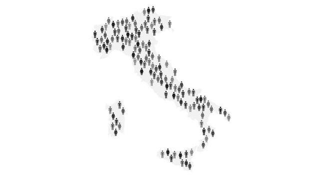 Black human icons form and transform the shape of Italy map