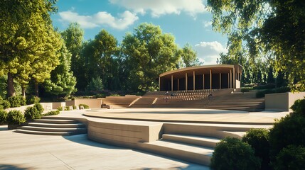 Outdoor amphitheater with stage and tiered seating surrounded by trees