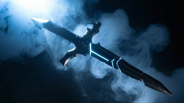 Futuristic dagger illuminated by blue light, surrounded by swirling smoke in a dark setting
