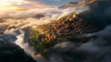 Fototapeta premium A fantastical village nestled within a valley of clouds.