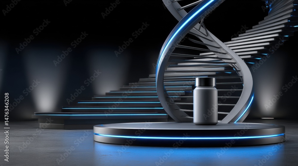 Aufkleber a bottle of pills is on a stage with a spiral staircase in the background