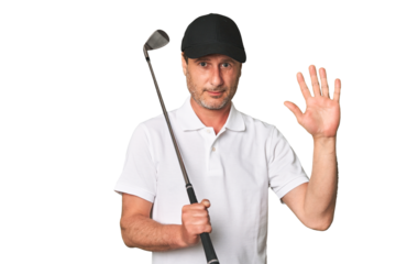 Middle aged golfer man smiling cheerful showing number five with fingers.