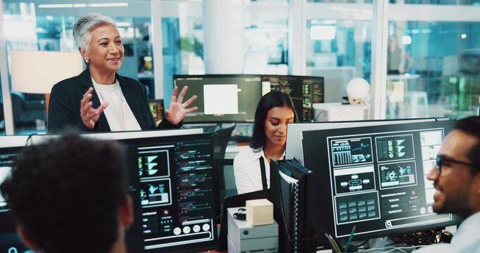 People, computer and screen with manager for coding internship, programming and software update. Staff, mentor and instructions for website development, server application and troubleshooting system