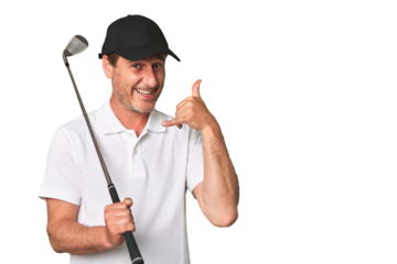 Middle aged golfer man showing a mobile phone call gesture with fingers.