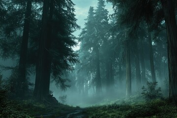 Misty forest path, tall trees. Dense evergreen trees form a dark canopy, shrouded in a thick mist.  A narrow path winds through the woods, emerging into a hazy distance. 