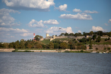 A helicopter soars above Kalemegdan Park and the historic citadel, situated at the confluence of the Sava and Danube Rivers in Belgrade, Serbia