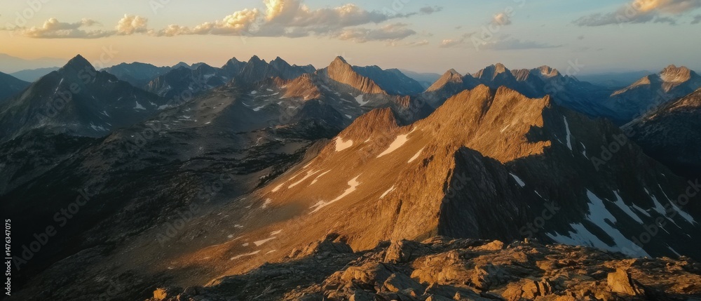 Poster scenic mountain range view at sunset from high vantage point in wilderness area with clouds and snow