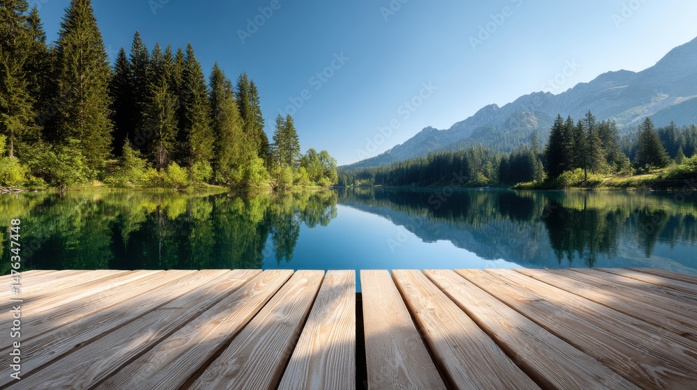 Poster a beautiful lake with a wooden dock and a forest in the background