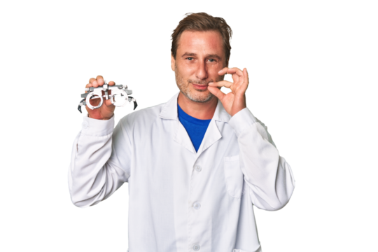 A middle-aged optometrist man with fingers on lips keeping a secret.
