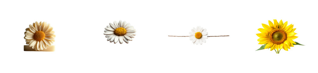 Fototapeta premium Floral still life featuring daisies and sunflower, cut out transparent