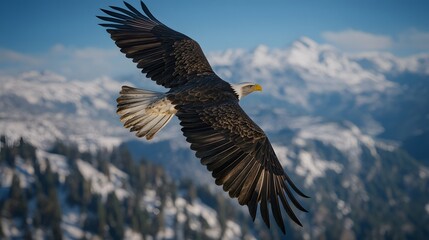 Obraz premium Majestic bald eagle soaring above snow-capped mountains.