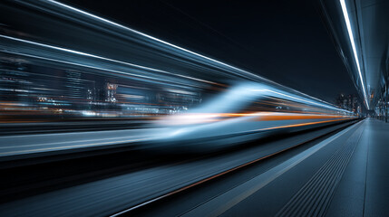 High speed train motion blur at night platform for travel and transportation concept with lights streaks