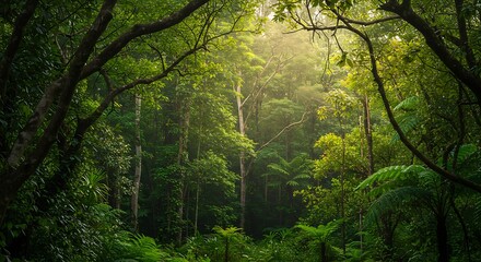 Naklejka premium Lush Green Rainforest Canopy with Sunbeams Streaming Through the Trees