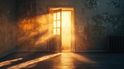 Open door with bright light shines into a room with peeling paint walls. Metaphor for hope, opportunity, new beginnings, or escaping a dark past.