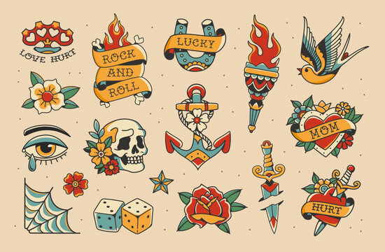 Perfect Old school tattoo design set 1. Old school traditional tattoo stickers collection. Old school tattoo symbols and tradition elements of swallow, bird, torch, anchor, heart, flower, rose etc