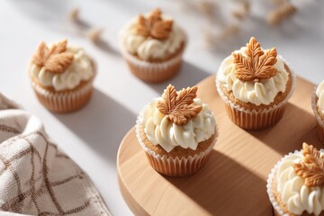 Delicious cupcakes topped with maple leaves create festive vibe