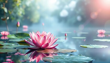 Serene Pink Water Lily Blossom Floating on Calm Water in a Peaceful Garden Pond