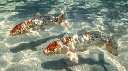 Two colorful koi fish gracefully swimming in shallow water.