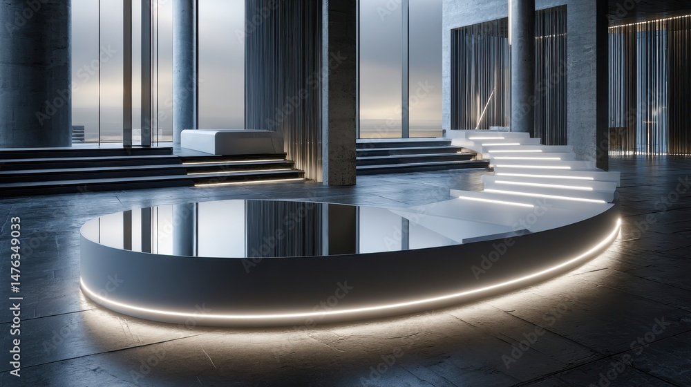 Poster A large room with a white circular table and a staircase