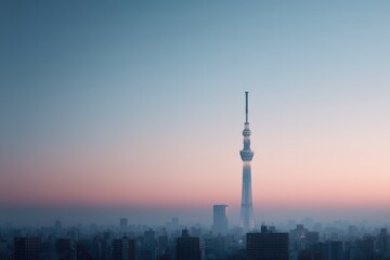 Obraz premium Skyline at dusk showcasing iconic tower against serene pastel sk