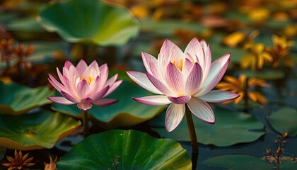 Two Pink Water Lilies Blooming Serenely on a Pond's Surface Beautiful Aquatic Flowers in Nature