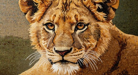 Close-up view of a mosaic artwork depicting a lion cub. Focuses on wildlife art, intricate patterns, and animal representation.