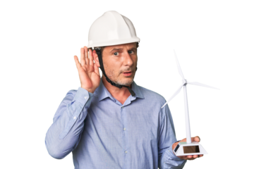 A middle-aged architect man holding a windmill model trying to listening a gossip.