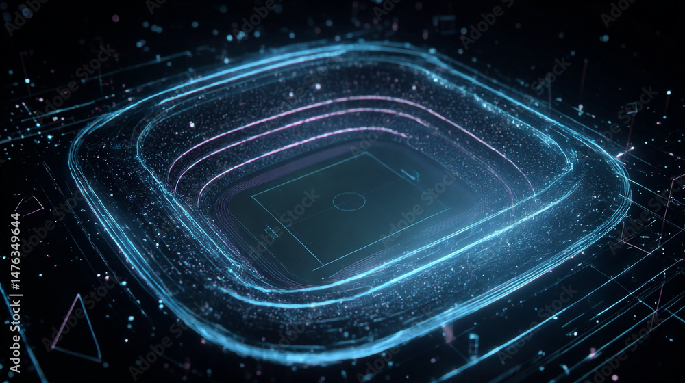 Poster digital rendering of a futuristic stadium with glowing lights and abstract design elements online vi