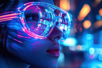 Close-up of a person wearing futuristic glasses reflecting city lights.