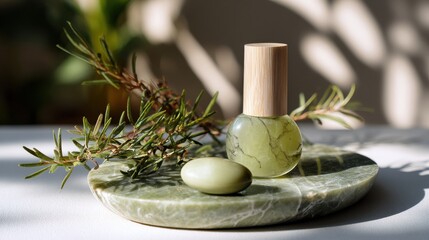 A green bottle of lotion sits on a marble slab with a green stone