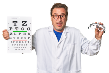 Experienced optometrist conducts eye exam with care, holding visual acuity test and prescription glasses.