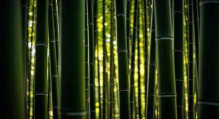 Fototapeta premium Artistic background art featuring a serene bamboo grove illuminated by soft sunlight. Ideal for themes of nature, peace, and Asian culture.