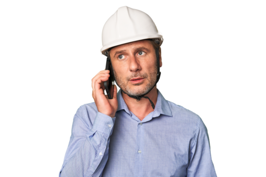 Mid-aged architect on call isolated