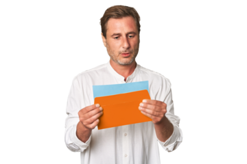 Middle-aged gentleman captivated by letter in this pensive studio portrait, exuding sincerity and depth.