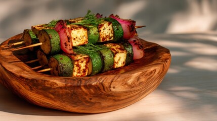 BBQ Grill Season Concept, Grilled skewers with vegetables and meat served in a wooden bowl, showcasing a rustic presentation.