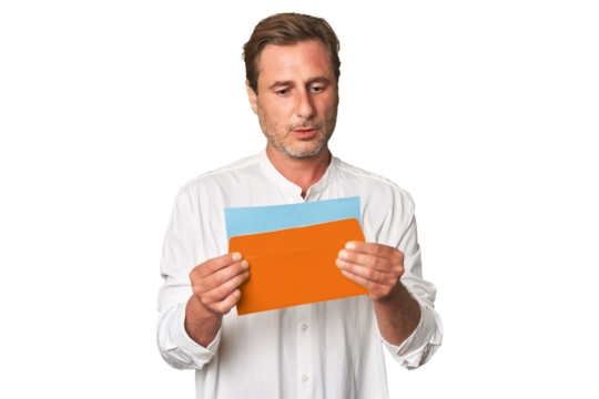 Middle-aged gentleman captivated by letter in this pensive studio portrait, exuding sincerity and depth.