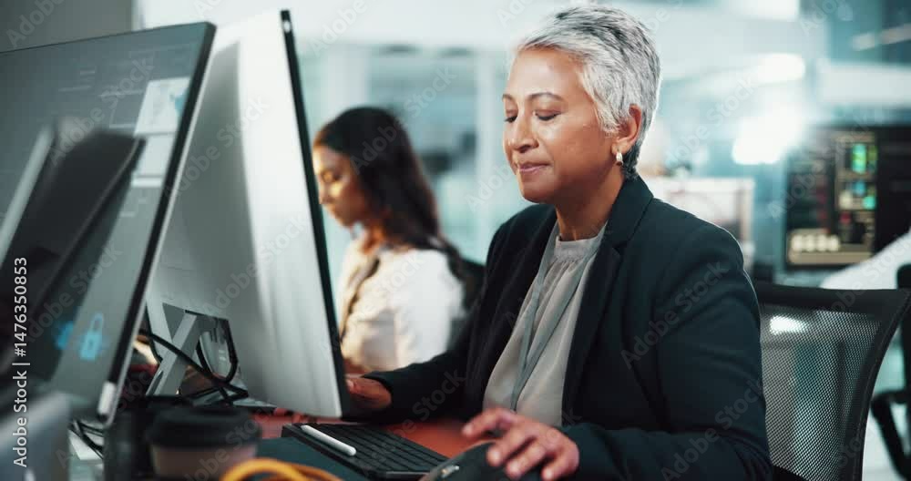 Poster Woman, developer and typing on computer in office for research, programming and software update. Mature person, online and web development with problem solving, information and troubleshooting system